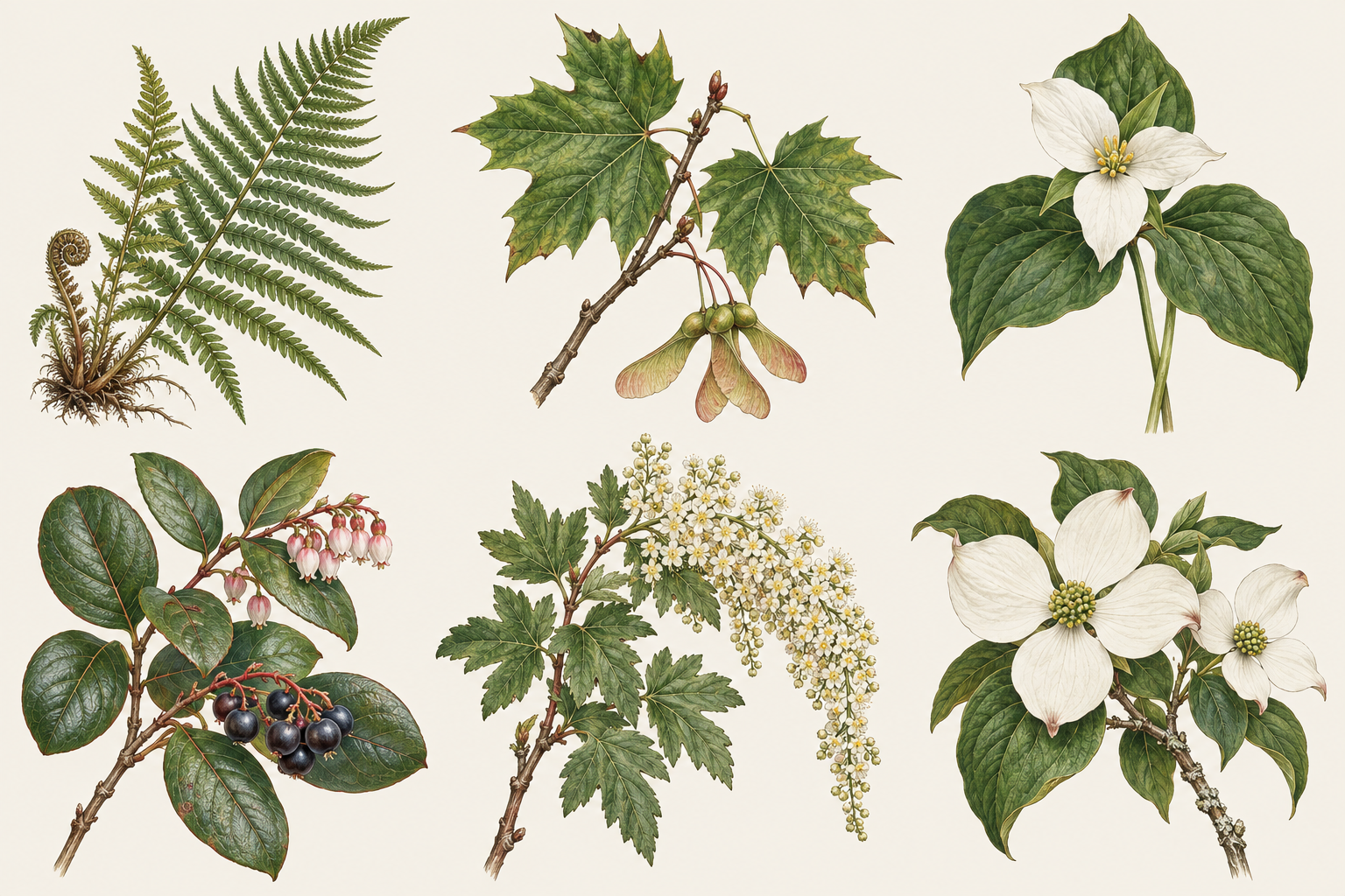 Six finished botanical specimen illustrations