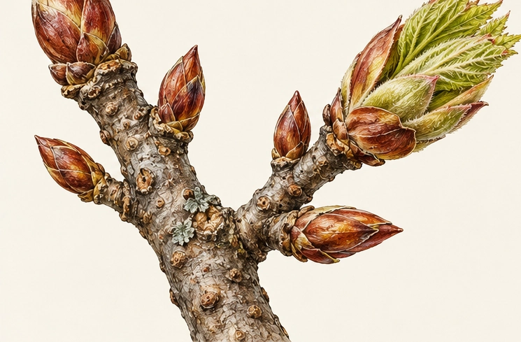 Detailed woody twig with opening and closed buds