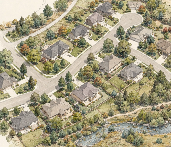 Substantial detail of neighborhood roads and gardens