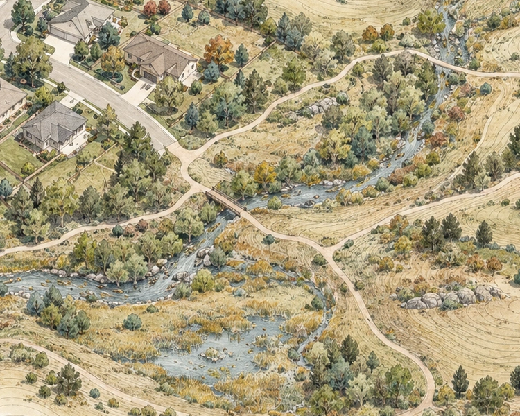 Substantial detail of creek drainage, paths, trees and rocks