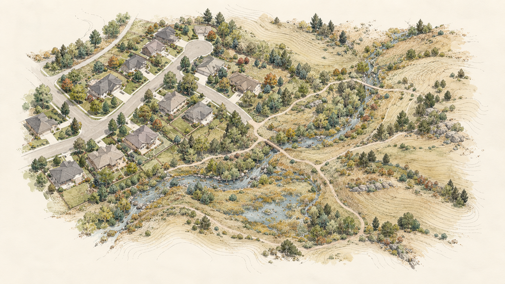 Illustrated neighborhood, creek, and foothills