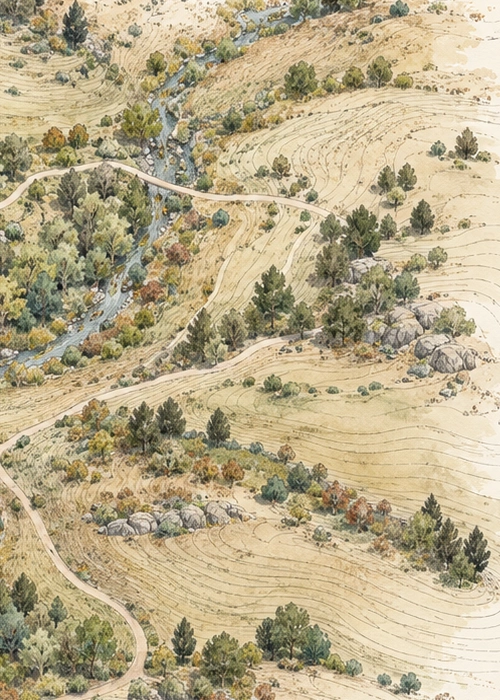 Substantial detail of open foothill contour lines and scattered vegetation