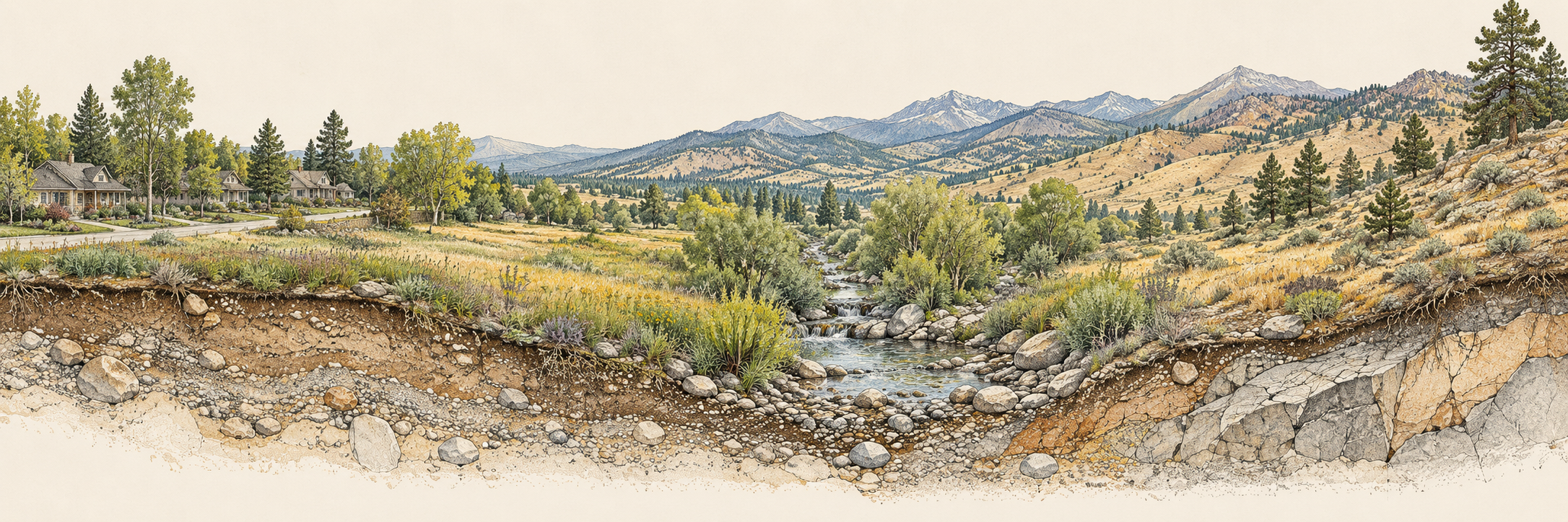 Illustrated landscape section showing houses, meadow, creek and exposed rocky hillside