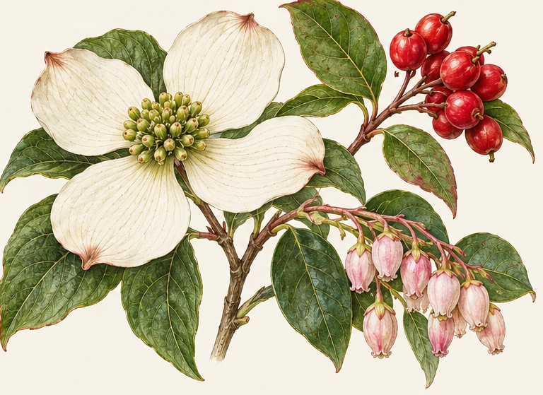 Detailed flowering and fruiting botanical elements