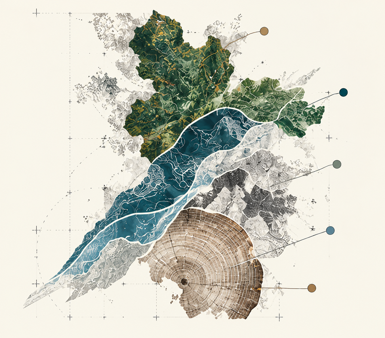 Layered cartographic artwork with branching terrain, five callout nodes, and a tree ring cross section
