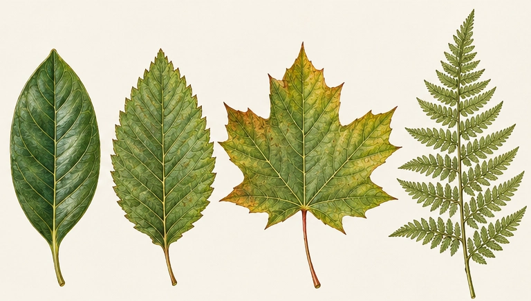 Four naturally rendered leaves with different margins